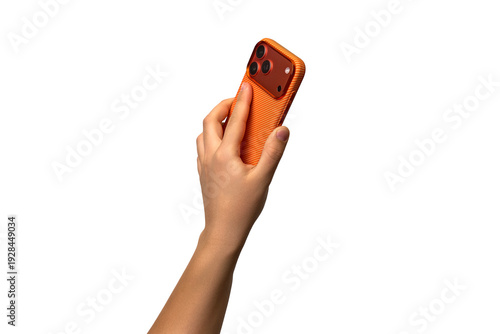 Photos The hand holds a modern orange smartphone with three cameras, back view