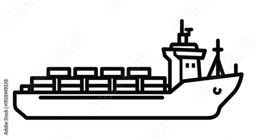 Simple black and white line drawing of a cargo ship at sea