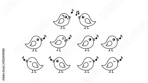 A playful arrangement of twelve cartoon birds in a triangular formation on a plain background Vector