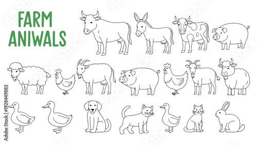 A playful collection of diverse farm animals in a whimsical cartoon style Vector