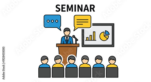 Seminar illustration featuring a speaker presentation and seated audience members