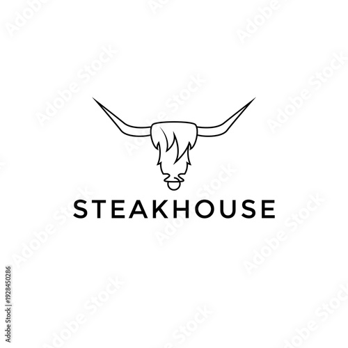 Bull head outline logo vector featuring long horns and shaggy hair