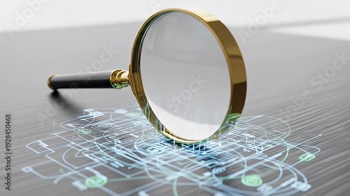 A magnifying glass hovering over intricate blueprints on a wooden desk, symbolizing analysis