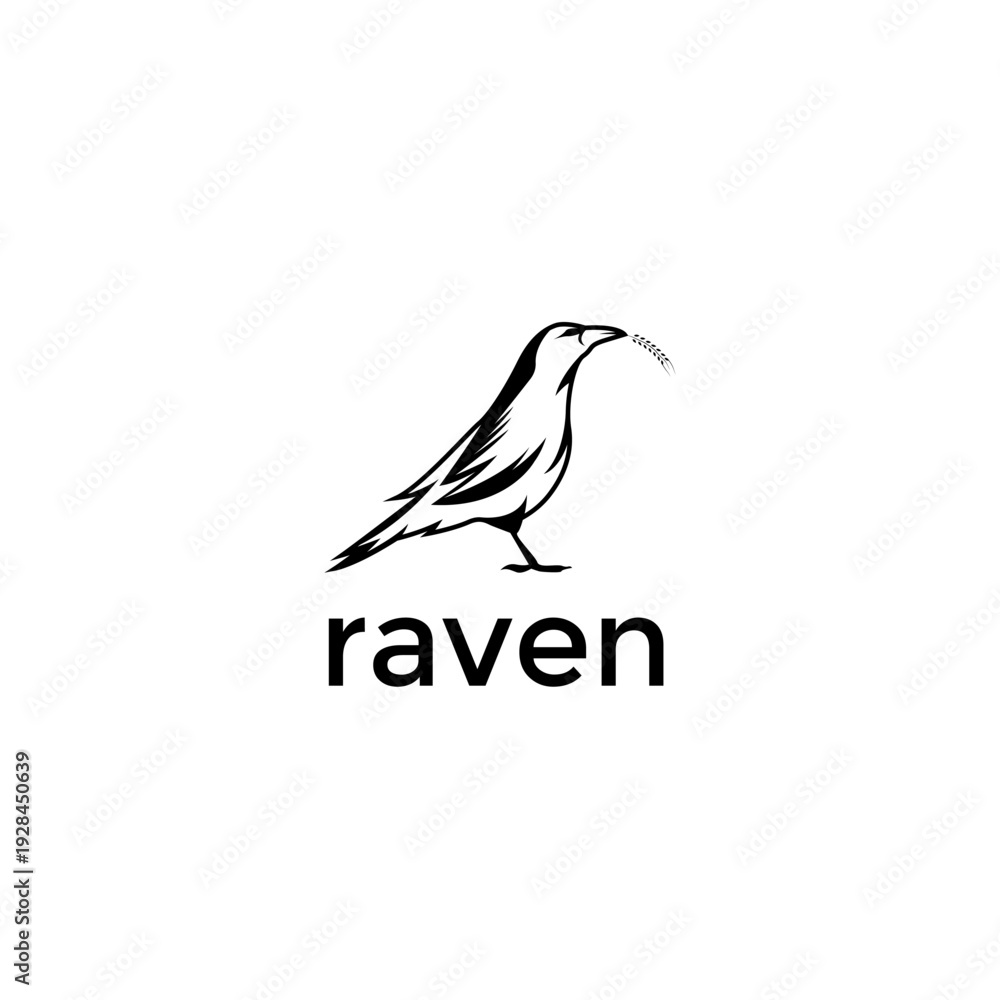 Fototapeta premium Raven bird logo vector featuring a black silhouette holding a grain of wheat in its beak