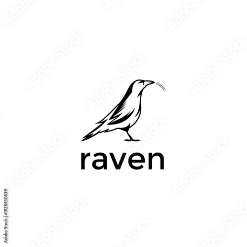 Raven bird logo vector featuring a black silhouette holding a grain of wheat in its beak