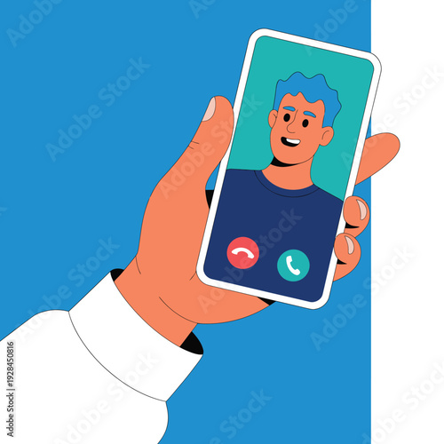 Close-up of a hand holding a smartphone during a video call with a smiling man