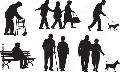 Senior Citizens Silhouettes in Various Poses and Activities