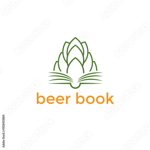 Beer book logo vector featuring a green hop cone integrated with the open pages of a book