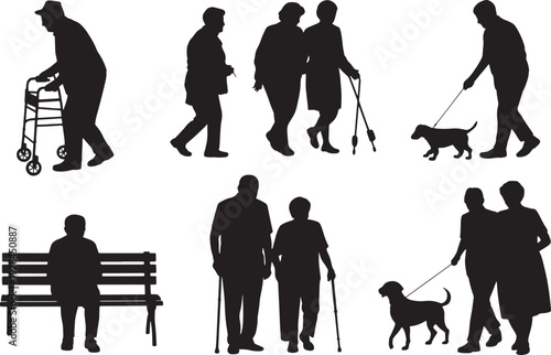 Various Activities Elderly People poses Walking Sitting and with Dog