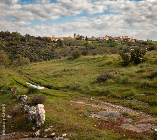 View of Hiendelaencina, a small village in Sierra Norte de Guadalajara, Spain, clouds in the sky