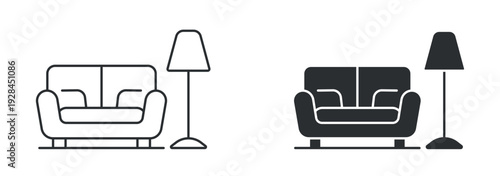 Living room furniture icon set, sofa and floor lamp symbol, home interior vector illustration