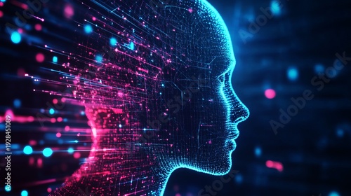 A futuristic digital illustration of a human head with vibrant pink and blue lights and particles emanating from it