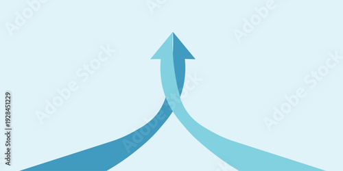 two blue merging curved arrows joining into single upward arrow 3d illustration for business merger partnership teamwork unity or corporate growth brand identity isolated background.