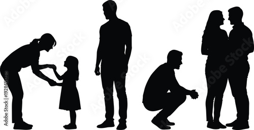 Black silhouette vector illustration of different family groups and couples standing and interacting together on a clean white background.