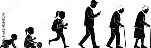 Black silhouette vector illustration showing the human life cycle stages from a crawling baby to an elderly person walking.