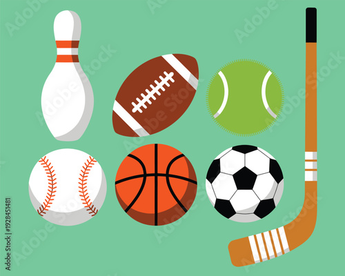 Collection of popular sports equipment: bowling pin, football, tennis ball, baseball, basketball, soccer ball, hockey stick