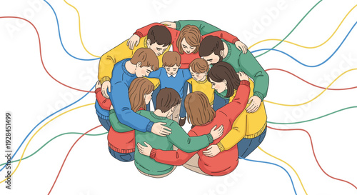 Heartwarming top view illustration of a diverse group of people sharing a loving group hug symbolizing community, support, and connection.