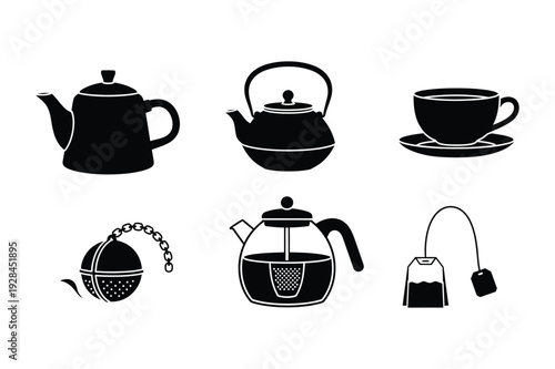 Tea and Coffee Utensils Icons Set Vector Graphics