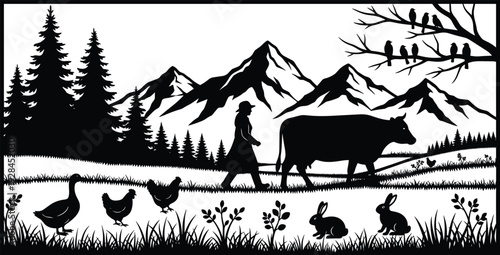 Beautiful black and white silhouette landscape vector illustration showing a farmer with cow, mountains, pine trees, and farm animals.