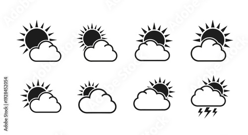 Weather forecast icons collection with sun and clouds.