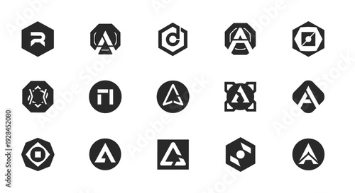 Collection of abstract letter A logos in various geometric shapes and designs.
