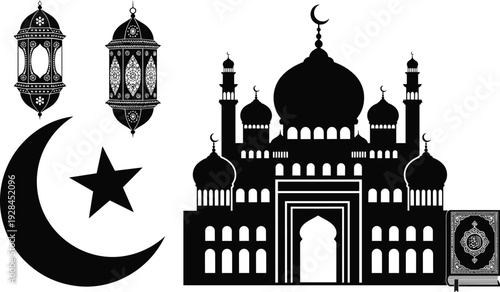 Black silhouette design featuring a grand mosque building, crescent moon with star, traditional hanging lanterns, and holy Quran book vector.