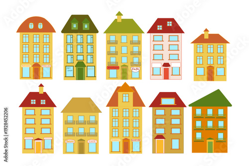 Set of colorful facades of city houses with windows, roof, signboards and doors isolated on white background