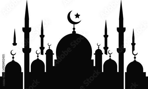 Islamic mosque silhouette with crescent moon and star above grand dome, Ramadan Kareem skyline flat vector illustration design