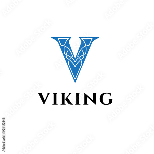 Letter V logo vector featuring a blue serif typeface decorated with white celtic knots and viking-inspired patterns Free Download Letter V logo vector featuring a blue serif typeface decorated with white celtic knots and viking-inspired patterns - GFXLoad