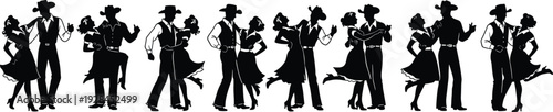 Continuous line of joyful cowboy and cowgirl silhouettes performing traditional western country square dance together on a white background.