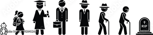 Black vector silhouettes depicting the complete human life cycle from newborn baby and student to elderly age and final resting.