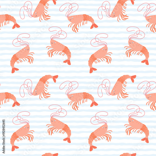 Seamless pattern with cute pink shrimp on wavy ocean background. Marine seafood illustration in flat vector style. Coastal summer vector design for textile, packaging, wallpaper Nautical themed decor