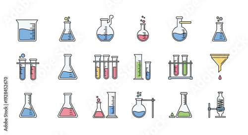 Collection of Laboratory Equipment Icons Featuring Beakers and Flasks.