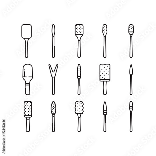 Collection of Nail Drill Bits Icons Various Shapes and Textures Isolated on White Line Art Style