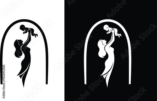 Elegant minimalist black and white abstract logo illustration of a loving mother joyfully lifting her baby inside a decorative archway.