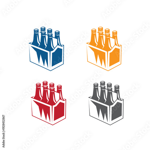 Beer carrier logo vector showcasing four six-pack bottle cases in blue, orange, red, and grey.