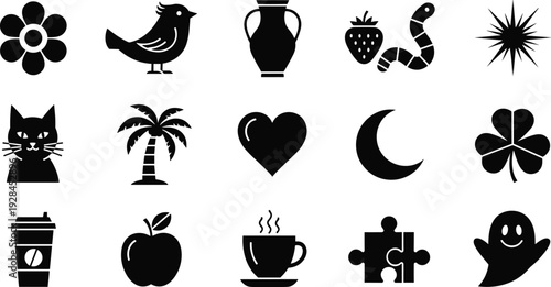 Collection of diverse black silhouette icons featuring nature, animals, food, and various everyday objects isolated on a solid white background.