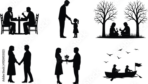 Collection of romantic couple and family lifestyle silhouettes featuring dining, nature walks, holding hands, flower giving, and peaceful boat riding scenes.