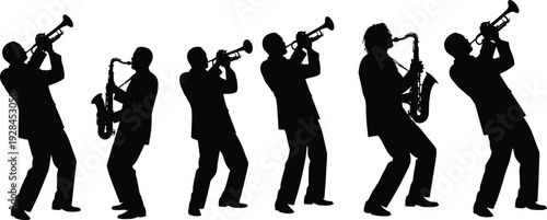 Dynamic black silhouettes of professional jazz musicians enthusiastically playing trumpet and saxophone instruments isolated on a clean white background.