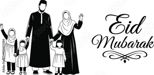 Beautiful black and white illustration of a happy Muslim family celebrating Eid Mubarak wearing traditional modest Islamic cultural clothing.