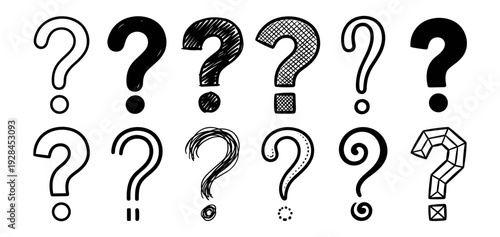 Hand drawn question mark icon set with outline, filled and sketch styles isolated on transparent background