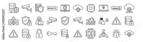 Cyber security and data protection line icon set with shield, lock, firewall, server and hacker symbols isolated on transparent background
