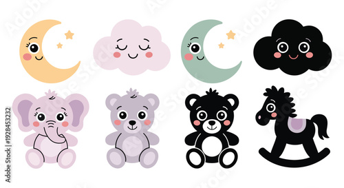 Pastel and monochrome cartoon moons clouds elephants bears rocking horse
