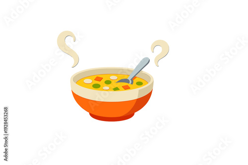 A colorful cartoon illustration of a hot bowl of vegetable soup with steam rising. The orange bowl contains yellow broth with peas and carrots, featuring a silver spoon inside.