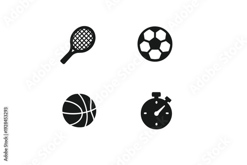 A set of four black minimalist icons representing sports and fitness, including a tennis racket, a soccer ball, a basketball, and a stopwatch, isolated on a white background.