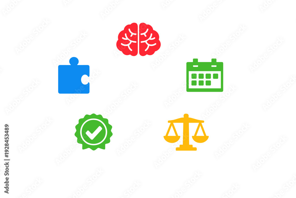 Fototapeta premium A collection of five colorful flat icons including a red brain, green calendar, yellow scales, green checkmark badge, and blue puzzle piece arranged in a circle on a black background.