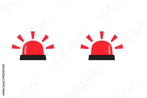 Two red emergency siren icons with flashing light rays are displayed against a solid black background. These flat vector illustrations represent an alarm, warning, or alert signal.