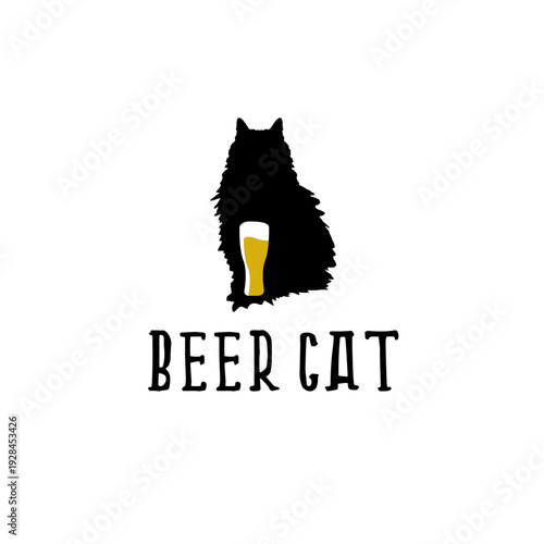 Beer Cat logo vector featuring a black silhouette of a fluffy cat with a glass of beer integrated into its body