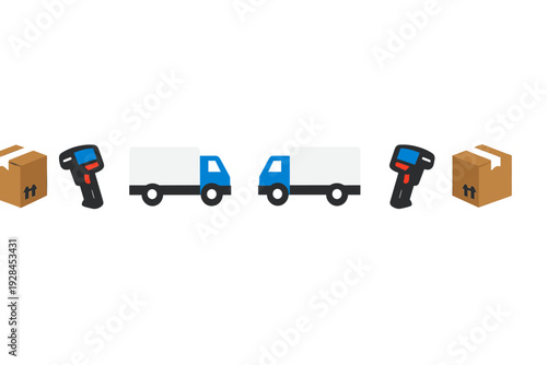 This flat design graphic shows cardboard shipping boxes, barcode scanners, and delivery trucks arranged symmetrically against a black backdrop, symbolizing supply chain management.