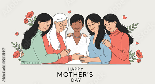 Happy mothers day greeting card with diverse group of beautiful women hugging together surrounded by decorative spring floral elements.